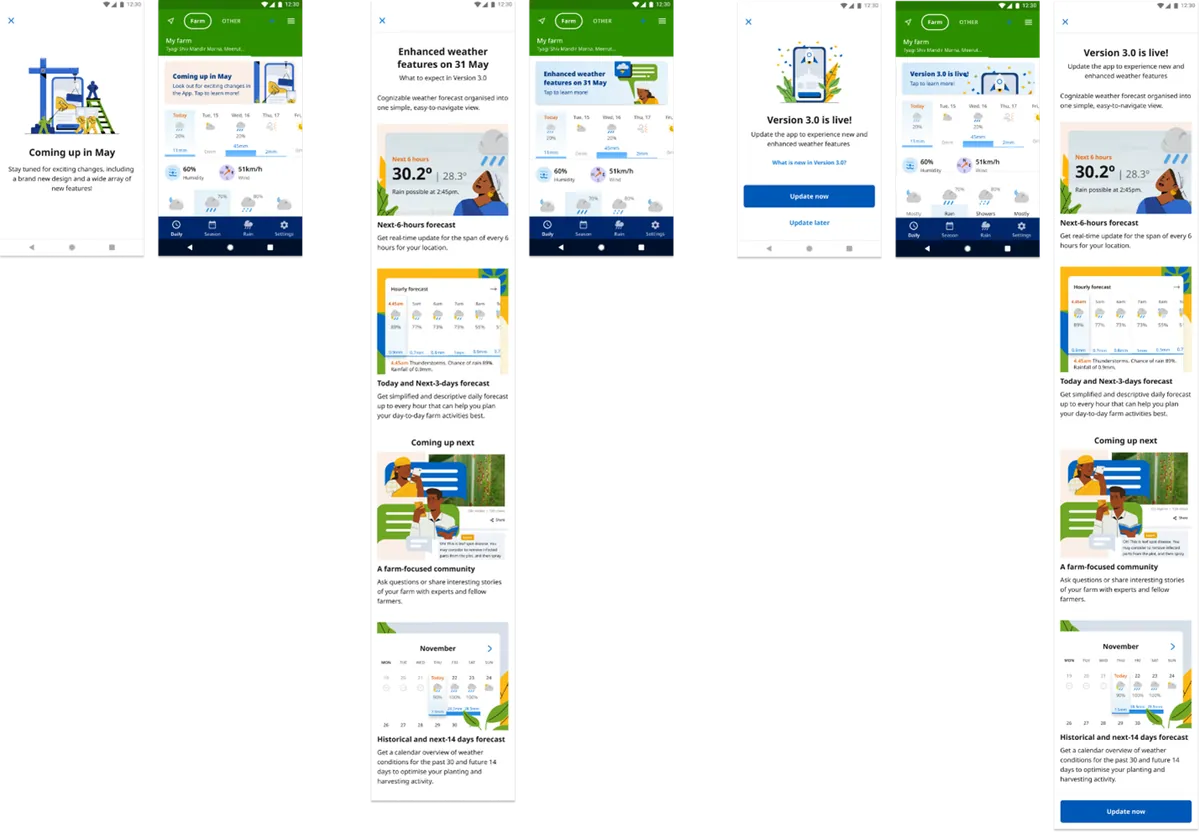 FarmWeather app screens across versions.